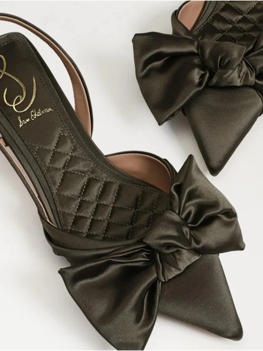 Sam Edelman Olive Satin Pointed Slingback Heels with Bow - Picture 2 of 11